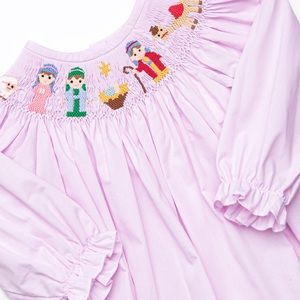 Stitchy Fish Pink Smocked Nativity Bubble Romper - Girls 18 Month